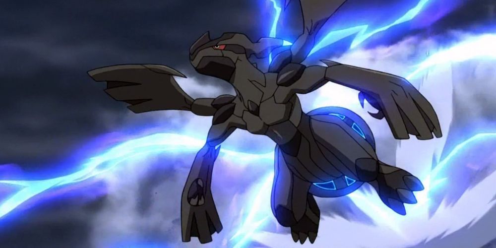 Zekrom flying with lightning behind it in the Pokémon anime