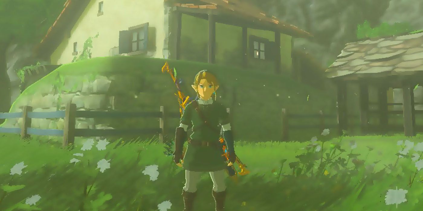 Link stands facing camera with his house in the background in BOTW