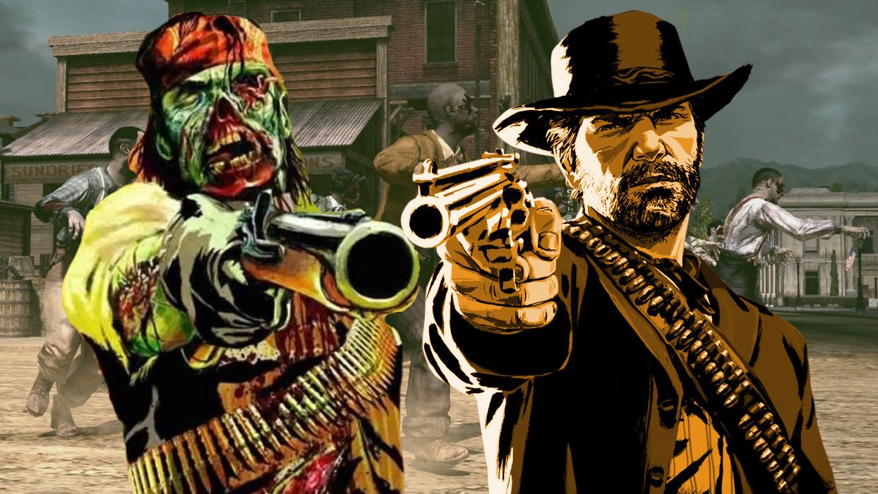 Zombie John Marston from Undead Nightmare and Arthur Morgan From Red Dead Redemption 2 In Front Of Zombie Horde