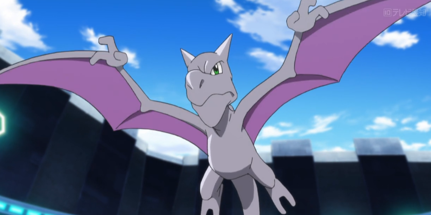 Aerodactyl hovering and looking down in the Pokémon Anime