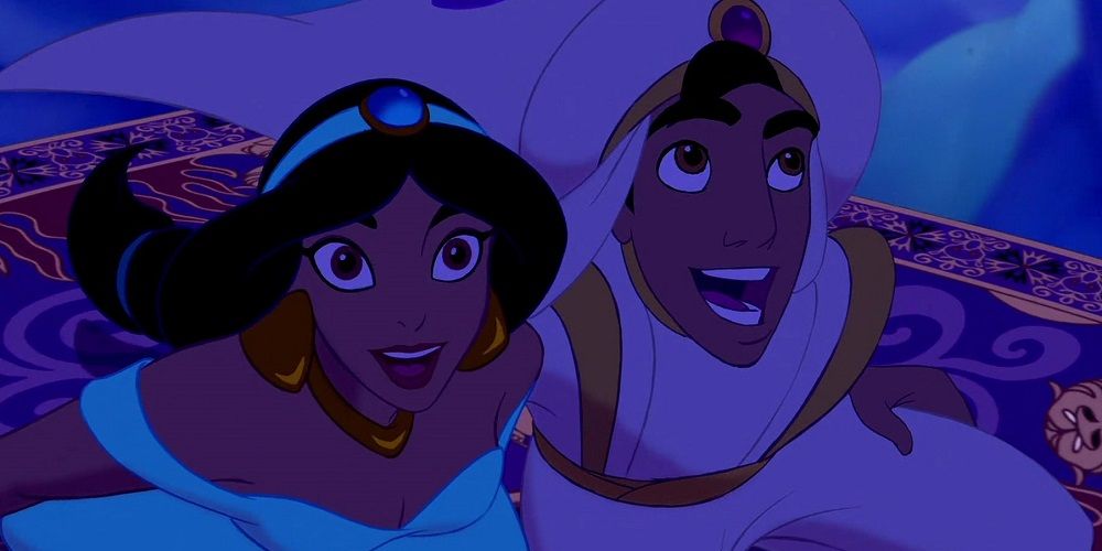 Aladdin e Jasmine andam no tapete mágico em Aladdin