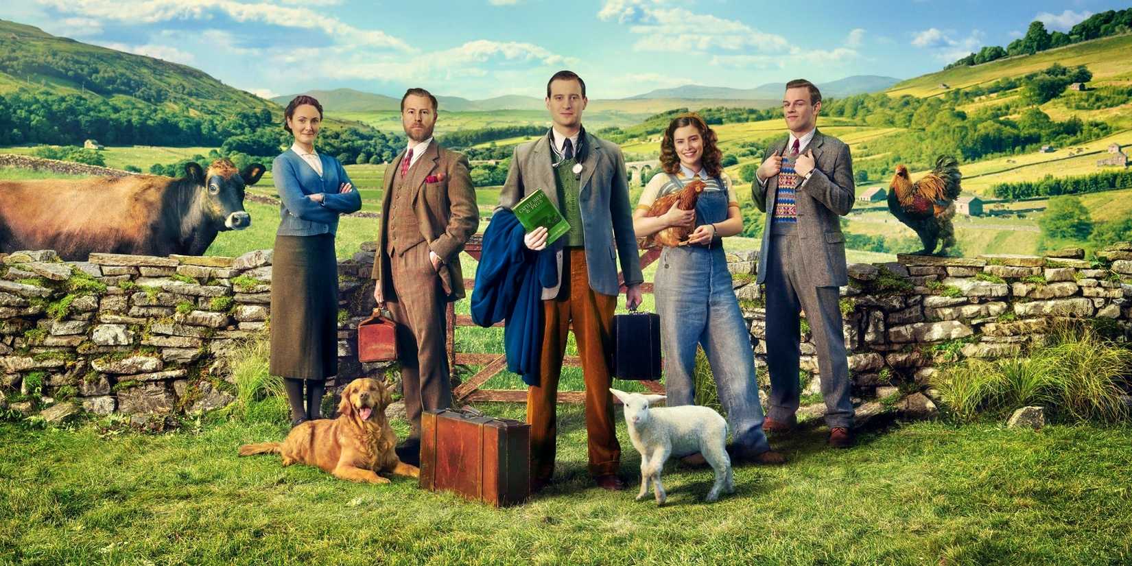 The All Creatures Great And Small cast posing in the country surrounded by farm animals