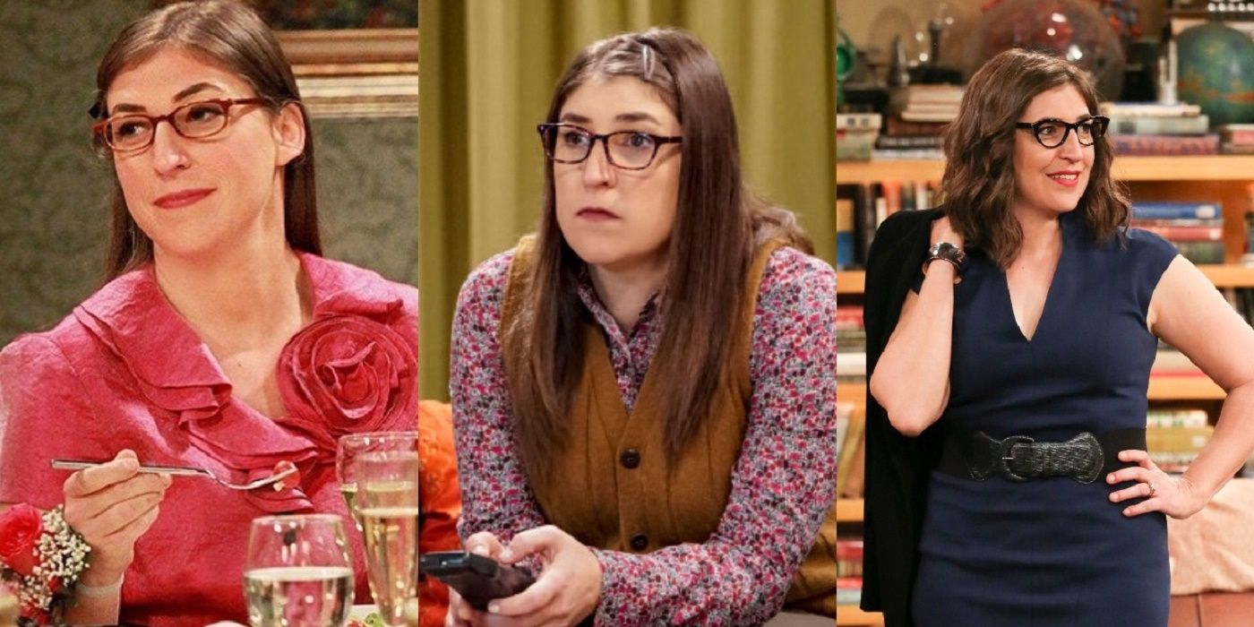 Amy in The Big Bang Theory: three close ups stitched together