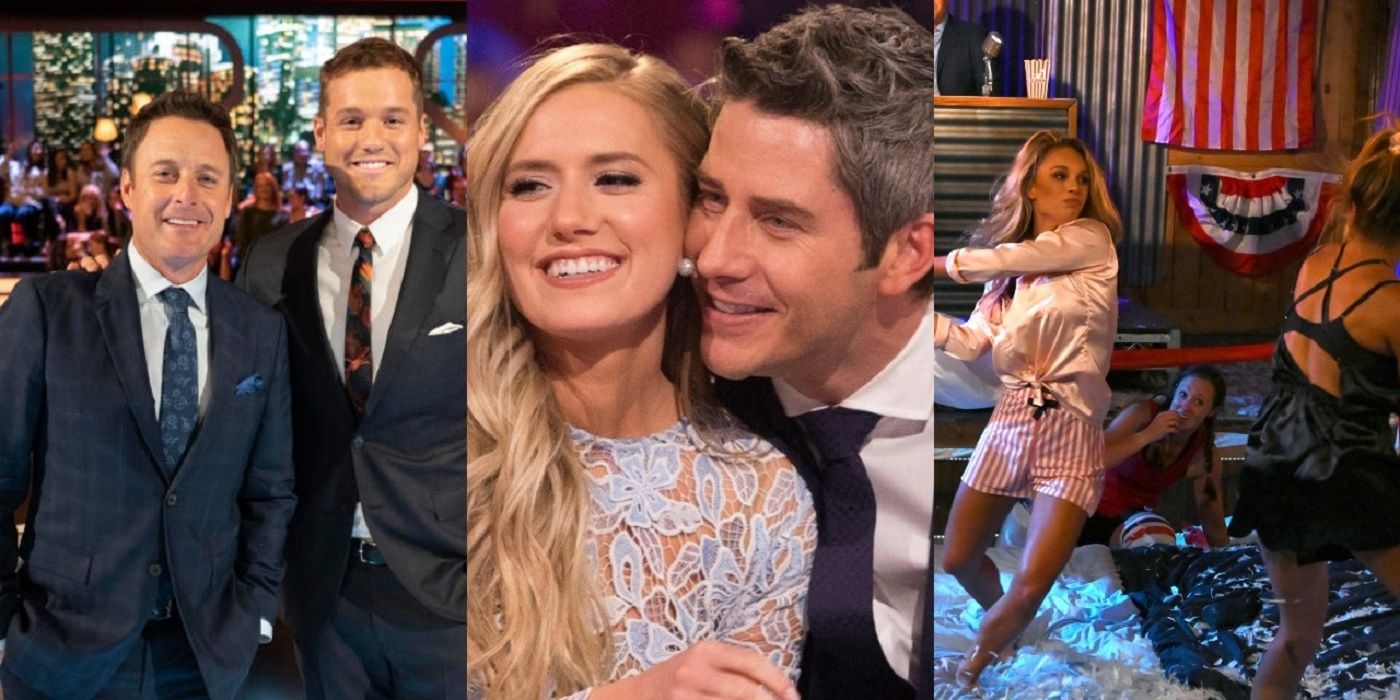 A iside-by-side image of Arie and Lauren, Colton Underwood and Chris Harrison and the Peter Weber pillowfight on The Bachelor