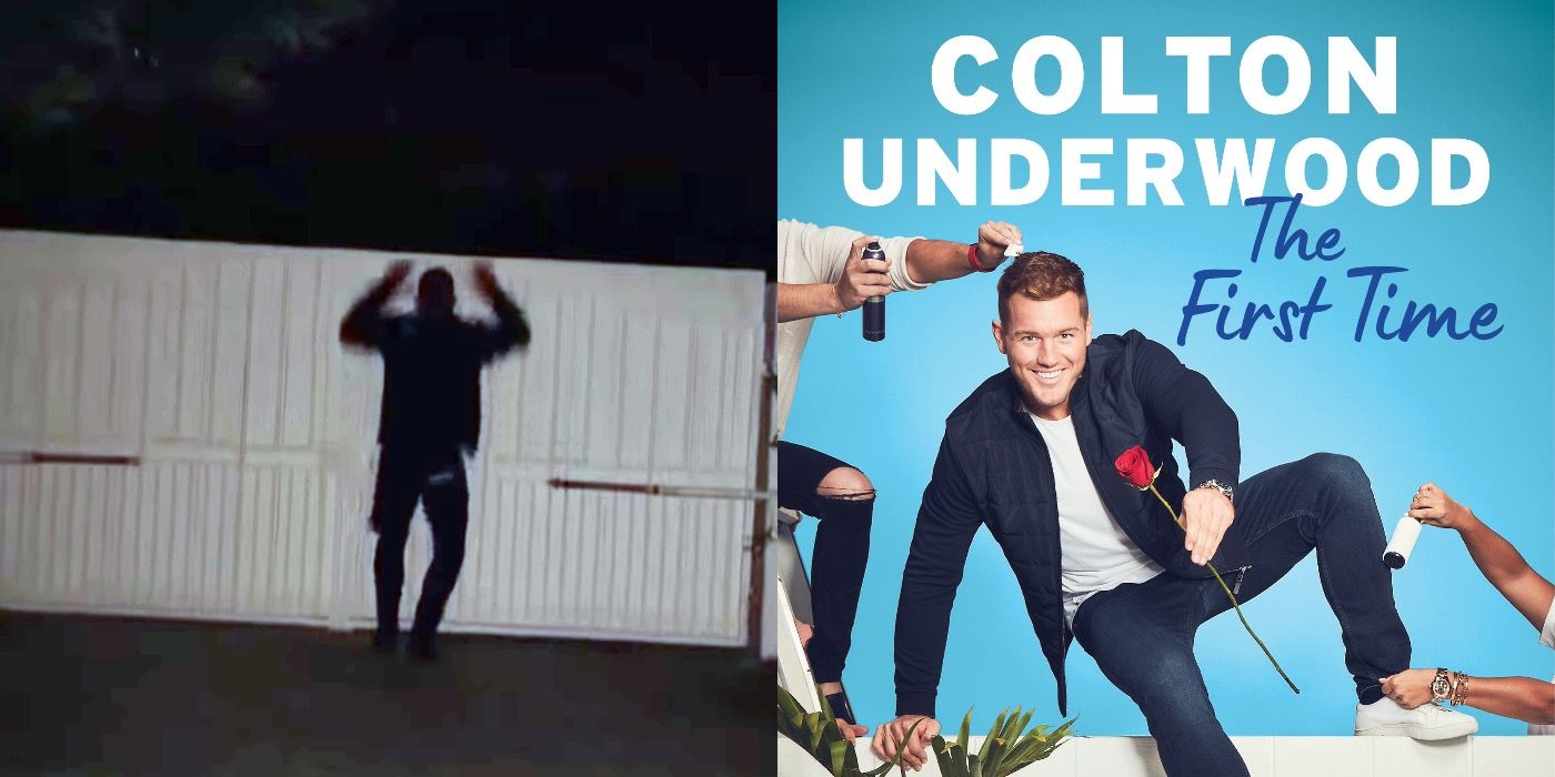 Colton Underwood jumping a fence, and his book.