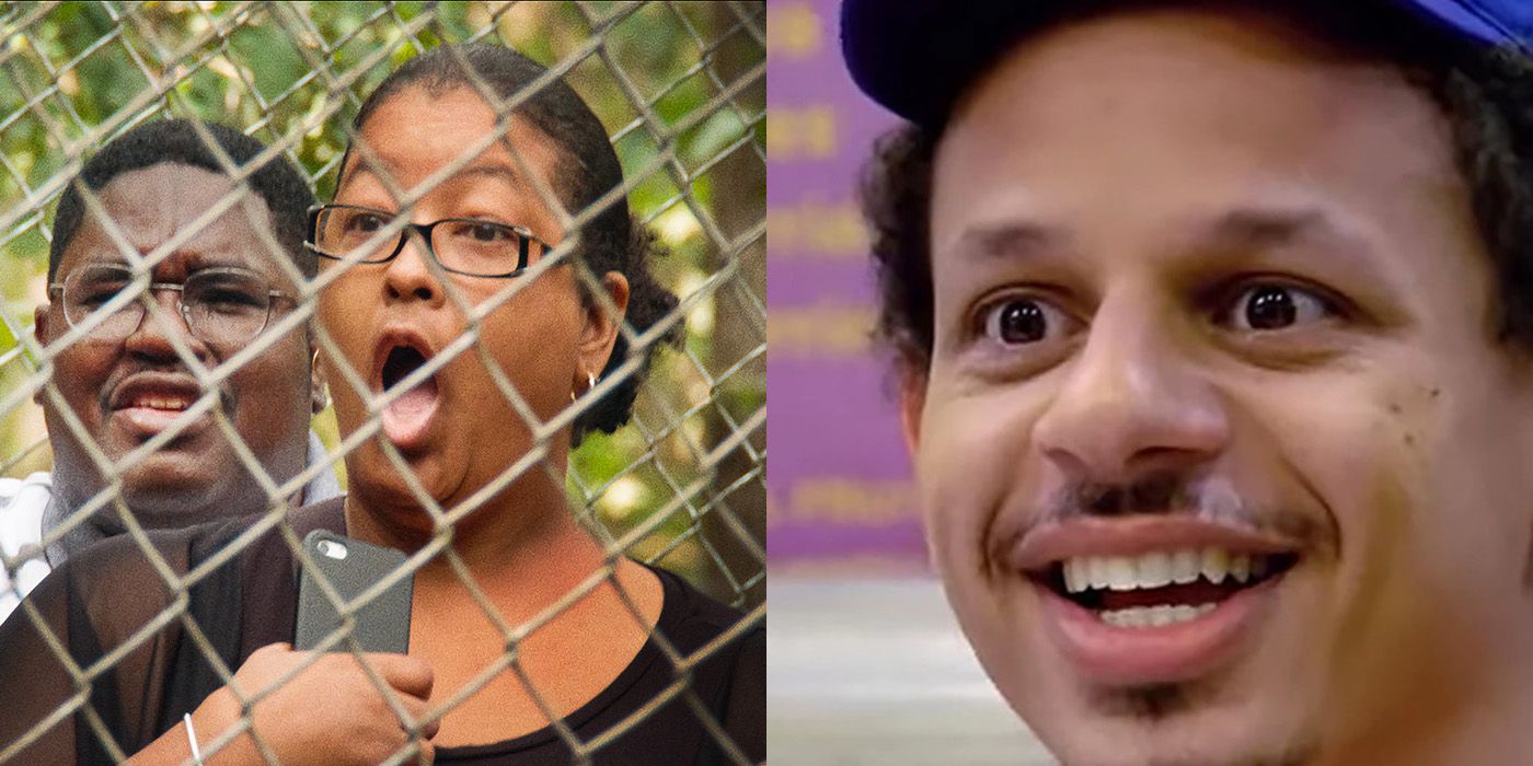 Split image from Bad Trip with an onlooker at the zoo mouth agape on the left and Eric Andre with a goofy smile on the right