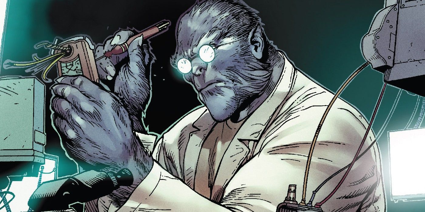 Beast working on a device in X-Men comics