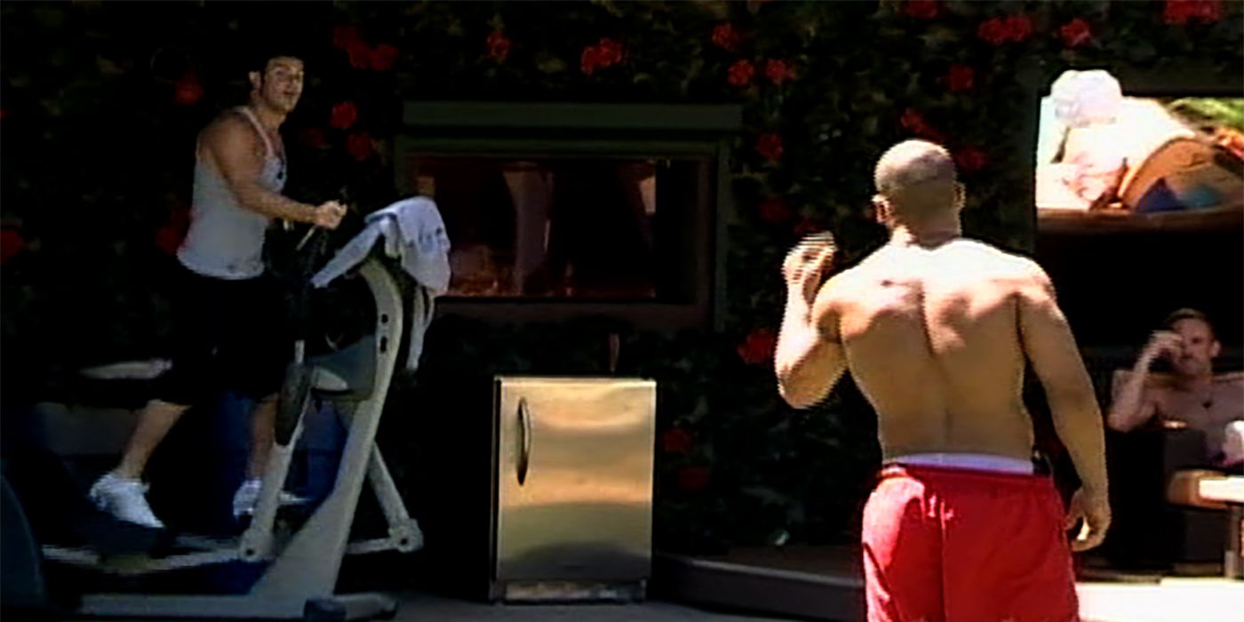 Jeff on the treadmill while Russell yells at him on Big Brother.