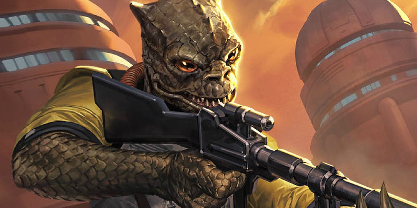 Bossk the bounty hunter looks through the scope of his rifle while aiming at his target