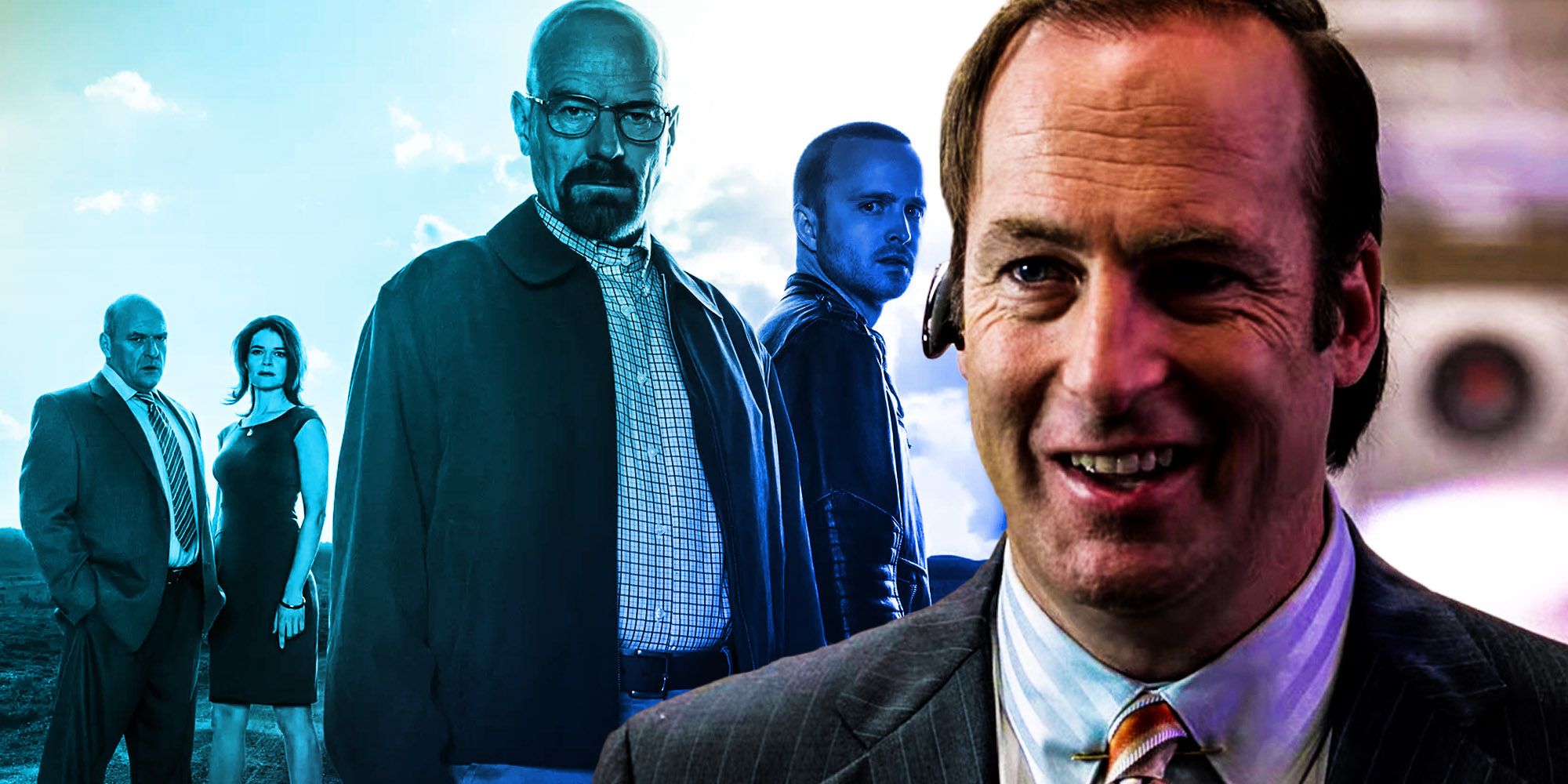 Saul Goodman smiling and the cast of Breaking Bad