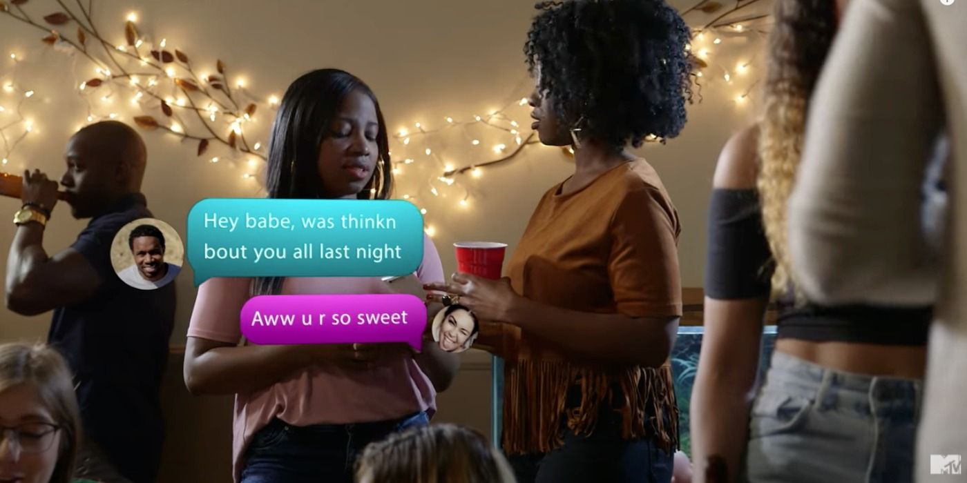 Screenshot from Catfish The Untold Stories Part 9 of two women talking with text bubbles on screen.