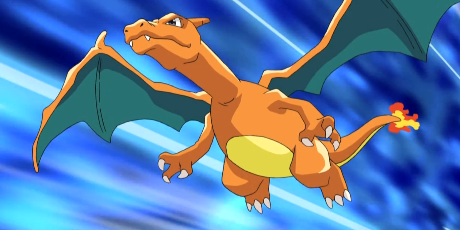 Charizard de Ash volando en el anime Pokémon