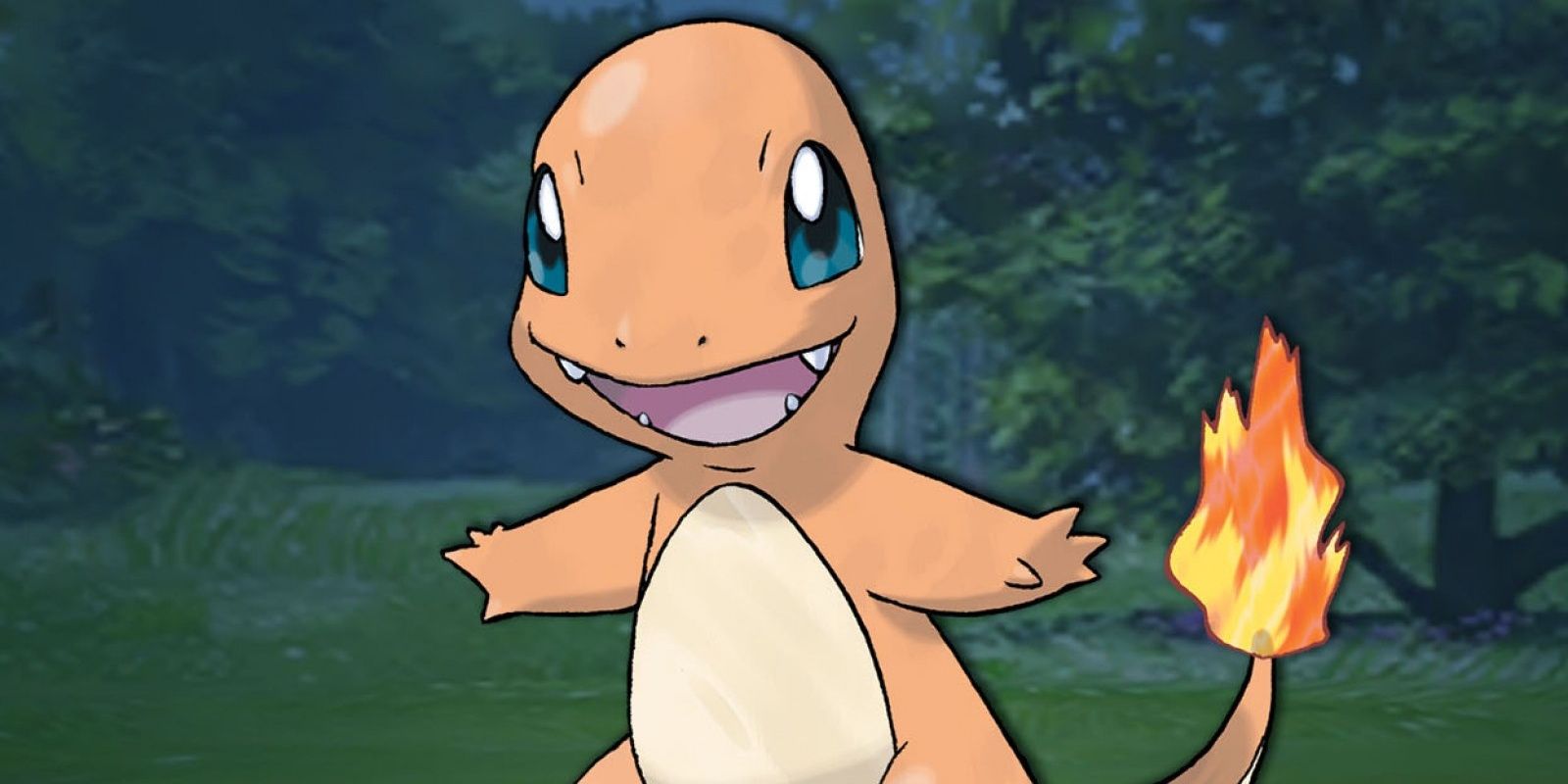 Charmander is smiling with its tail on fire in the Pokémon series