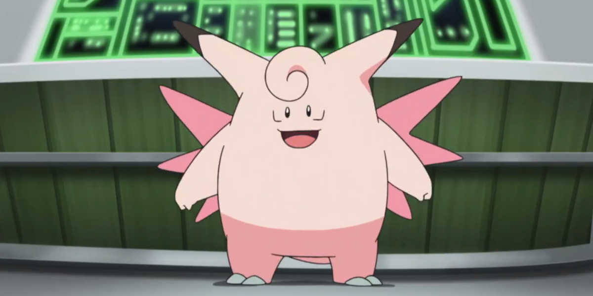 Clefable standing still and smiling in the Pokémon anime