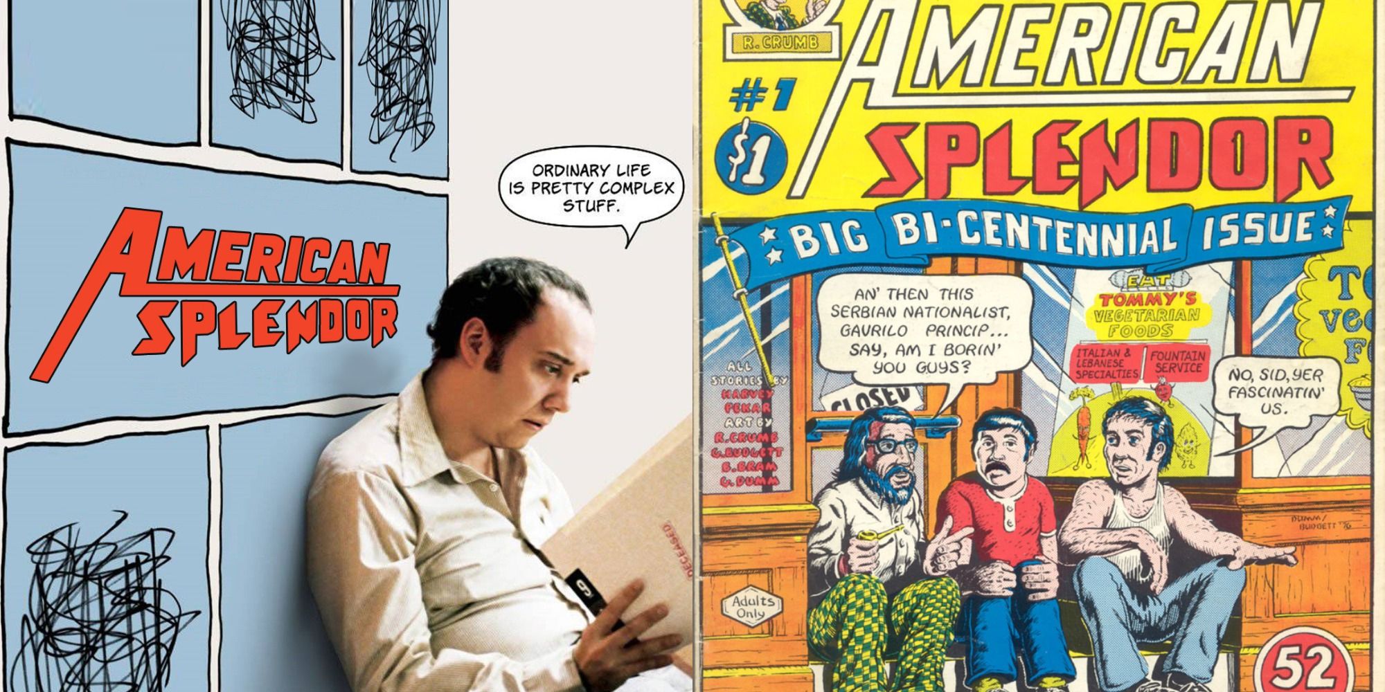 combined image of Paul Giamatti on the poster of American Splendor and the comic it is based on