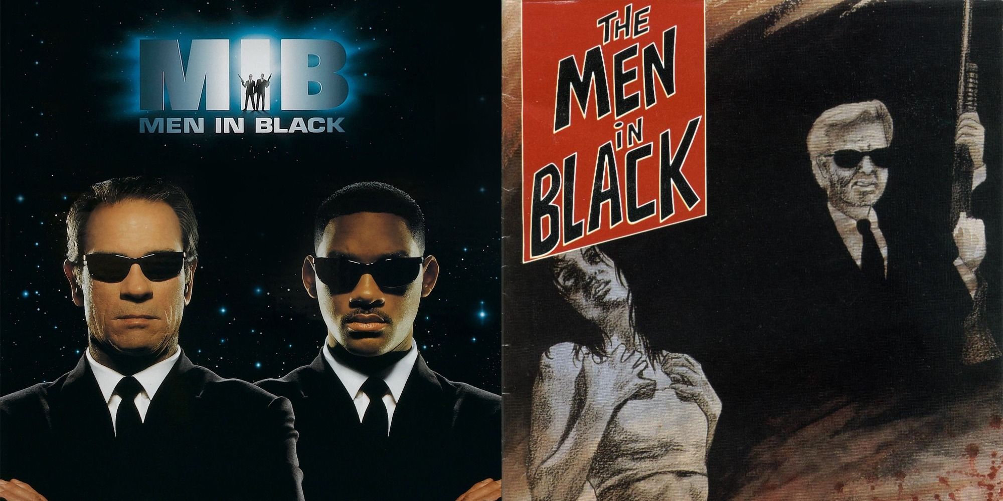 combined image of Will Smith in the poster of Men in Black and the comic it is based on