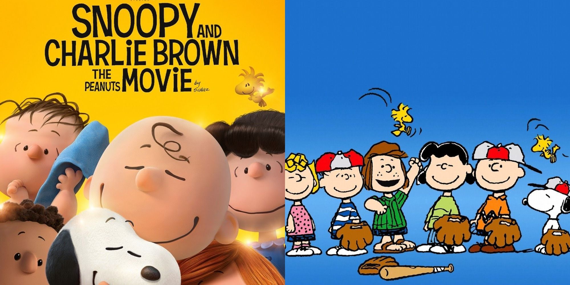 combined image of the Peanuts characters in comics and the poster The Peanuts Movie