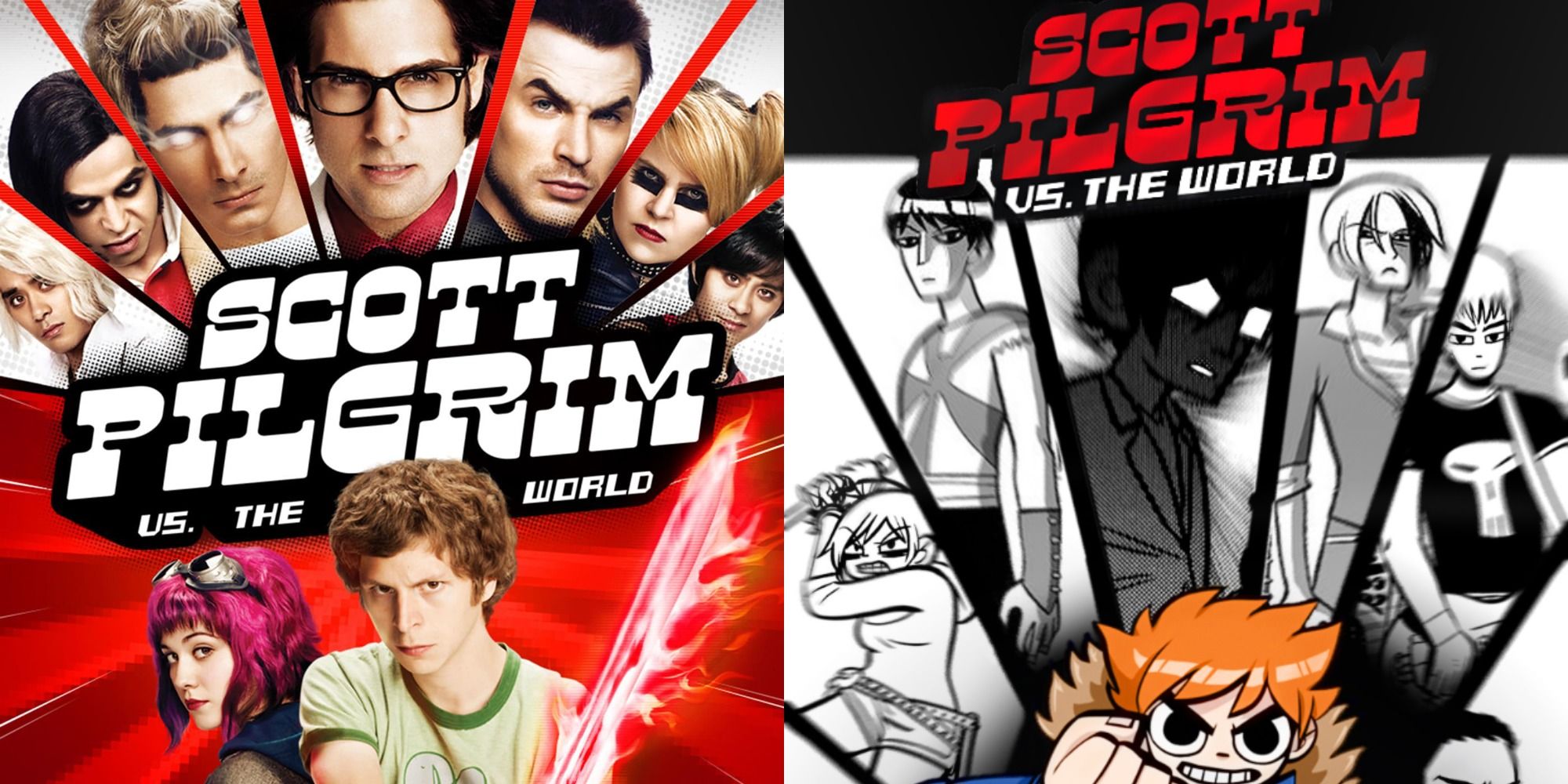 Split image: Movie poster art for Scott Pilgrim Vs. The World, cover art for the comic it is based on