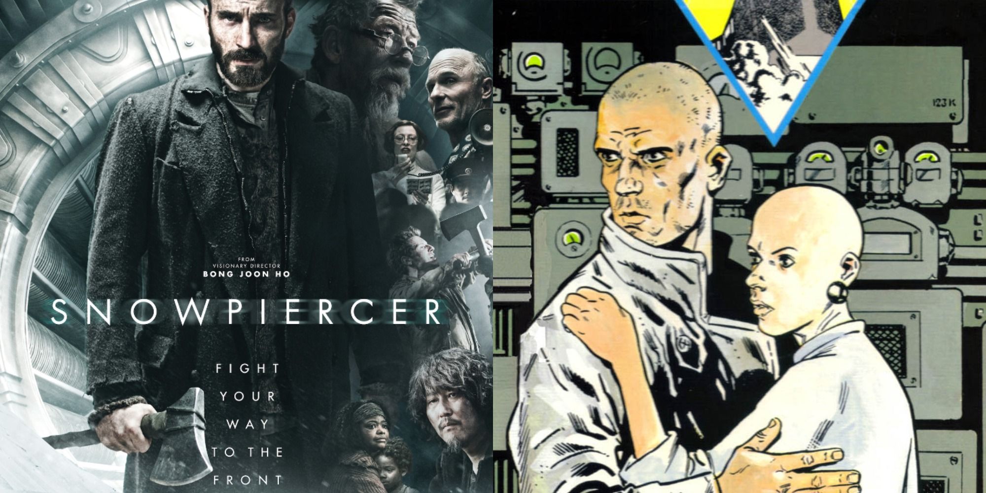 combined image of the poster of Snowpiercer and the graphic novel it is based on, Le Transperceneige