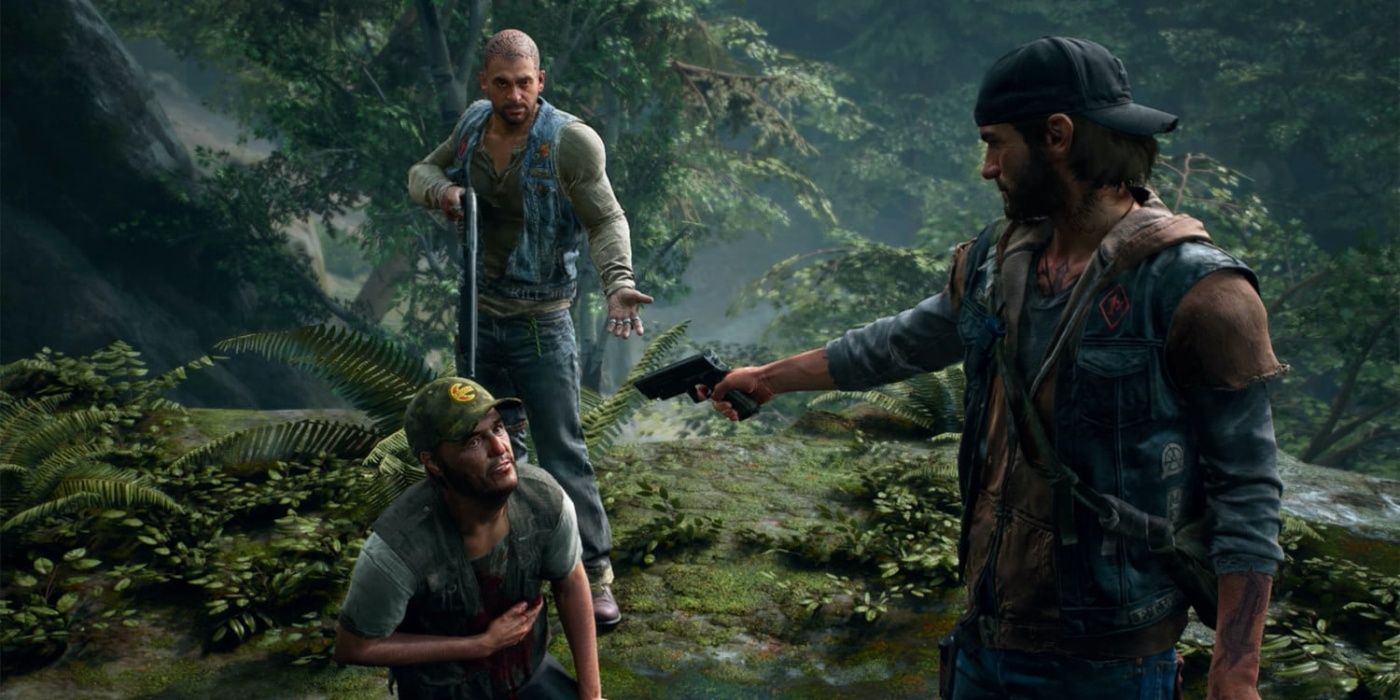 Deacon and Boozer point their guns at a crouching man in Days Gone.
