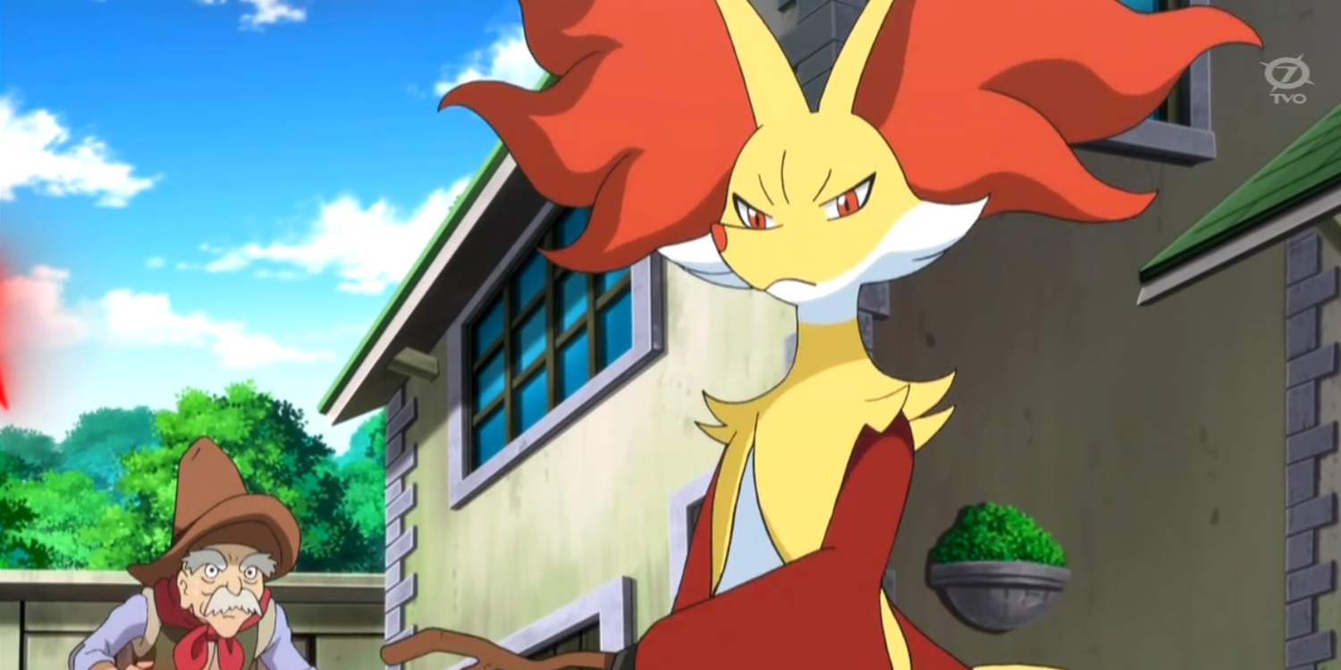 Delphox looks on disapprovingly from the Pokemon anime series.