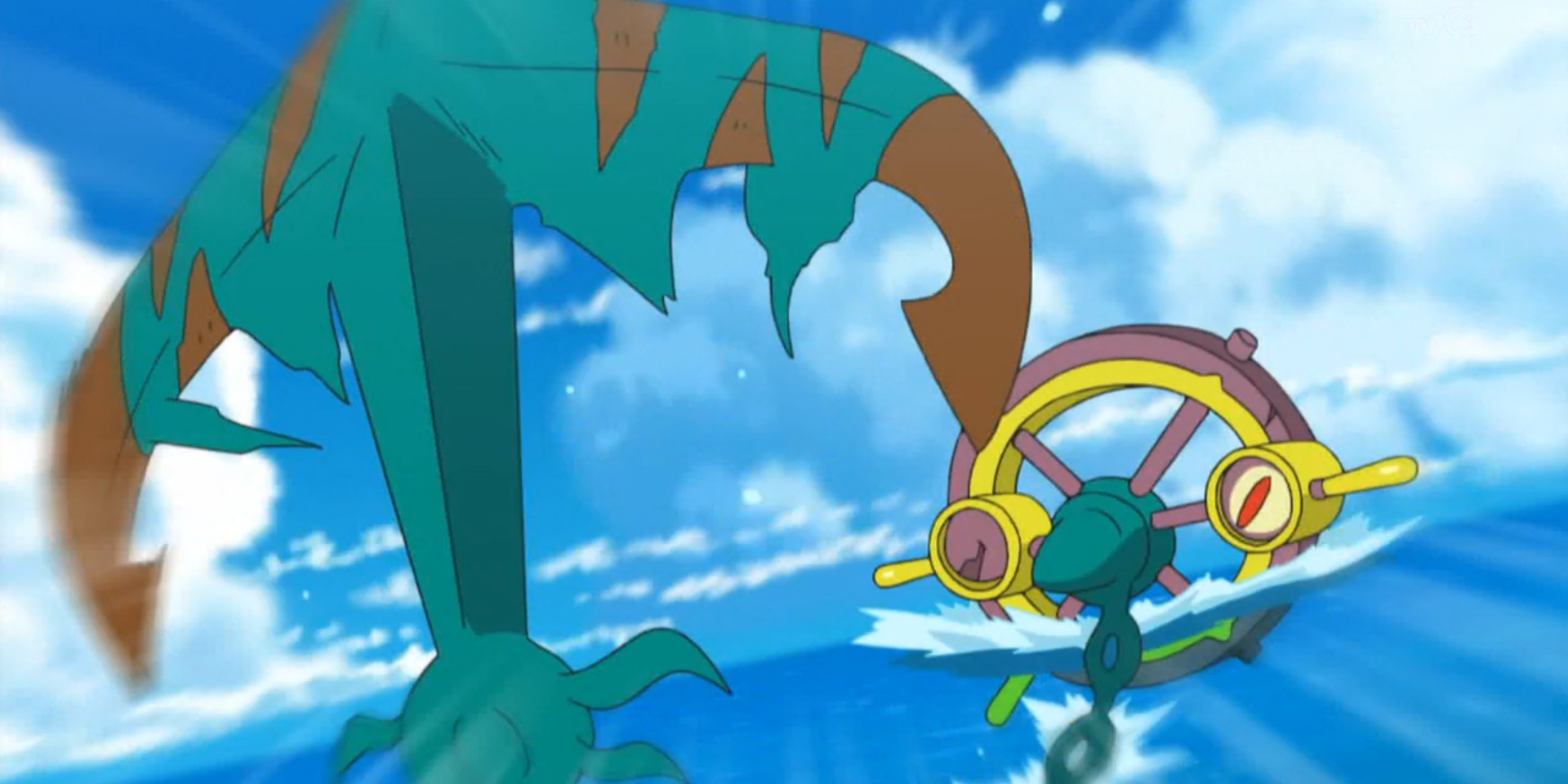 Dhelmise floats in blue water from the Pokemon series