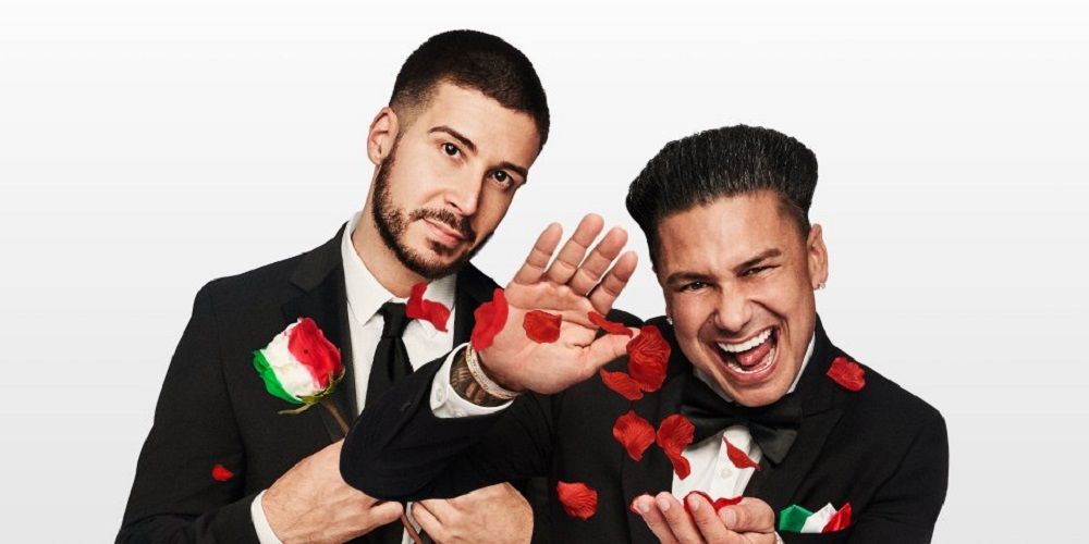 Pauly and Vinnie pose with roses in Double Shot at Love
