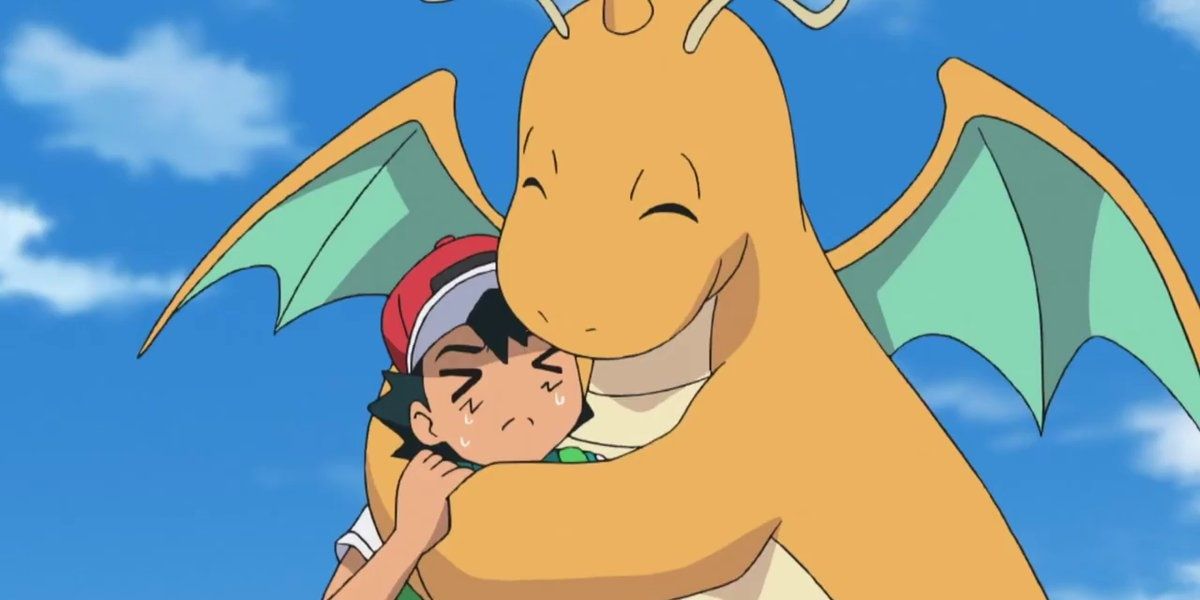 Dragonite hugs Ash warmly in the Pokemon anime.