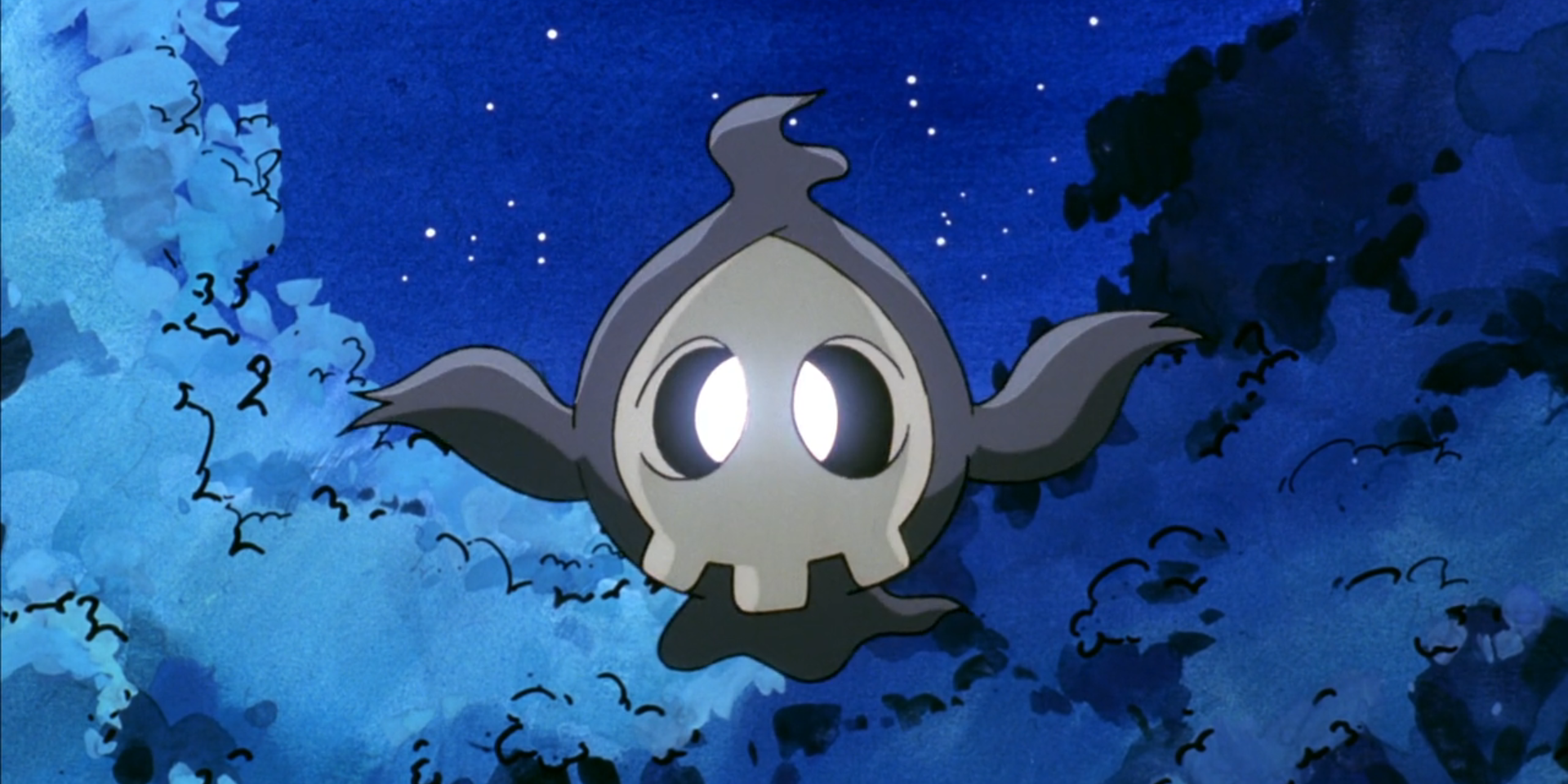 Duskull flying in the night sky from the Pokemon series.
