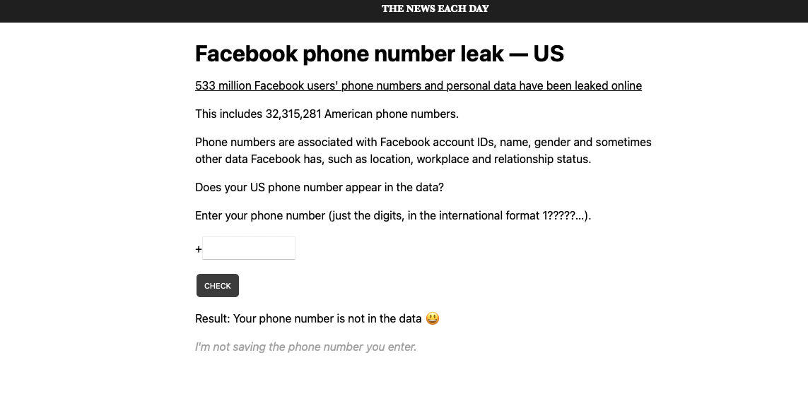 The News Each Day's tool for the Facebook data leak