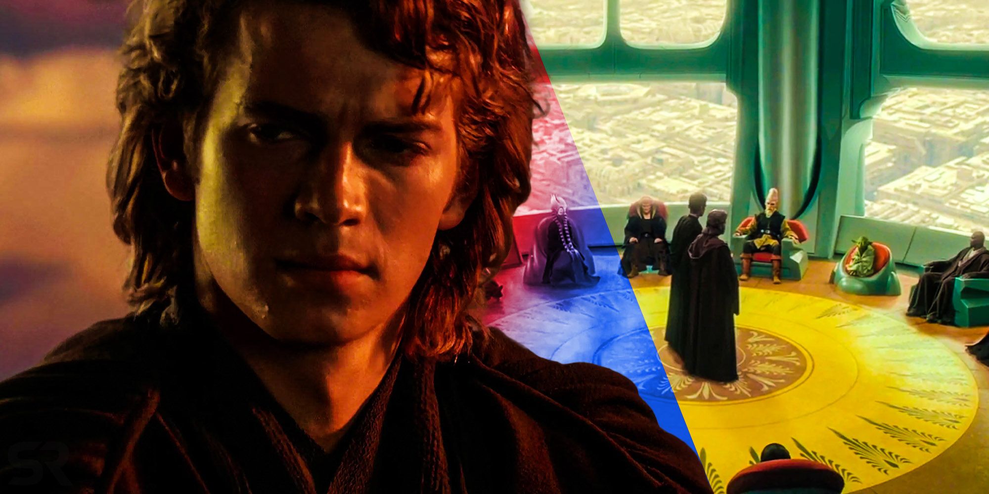 Anakin Skywalker and the Jedi Council in Star Wars.