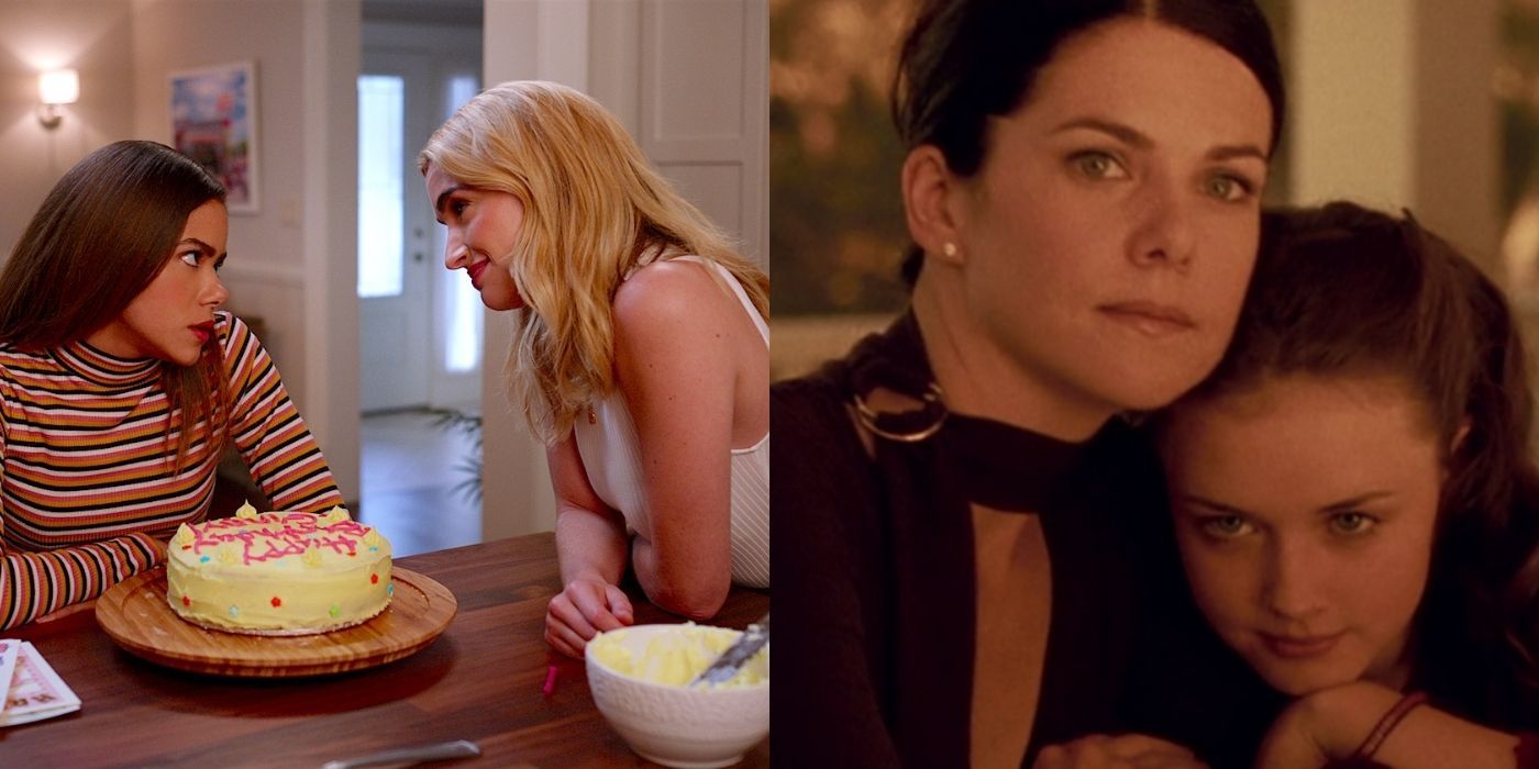 Ginny and Georgia at the dinner table; Lorelai and Rori in Gilmore Girls