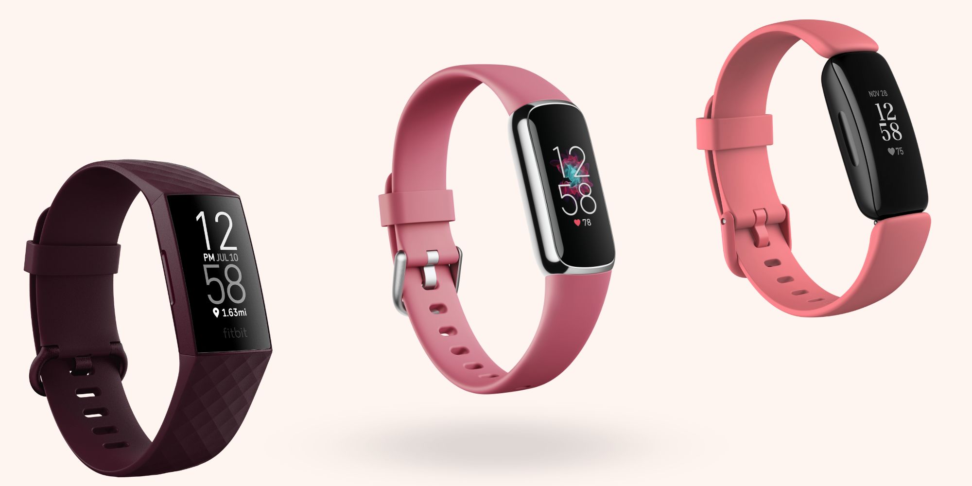 Fitbit Luxe next to Charge 4 and Inspire 2 trackers