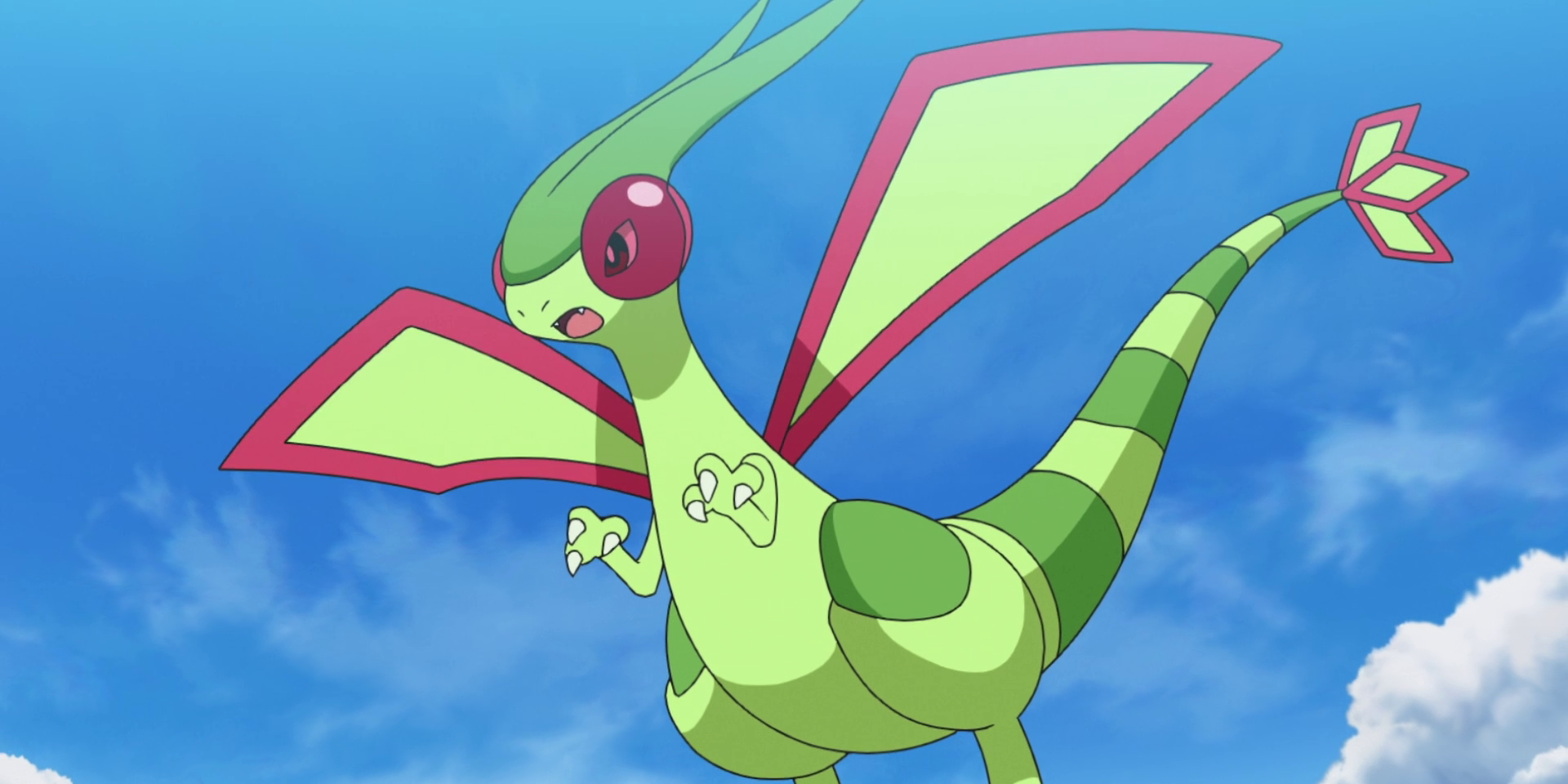 Flygon soars through the air in the Pokémon anime