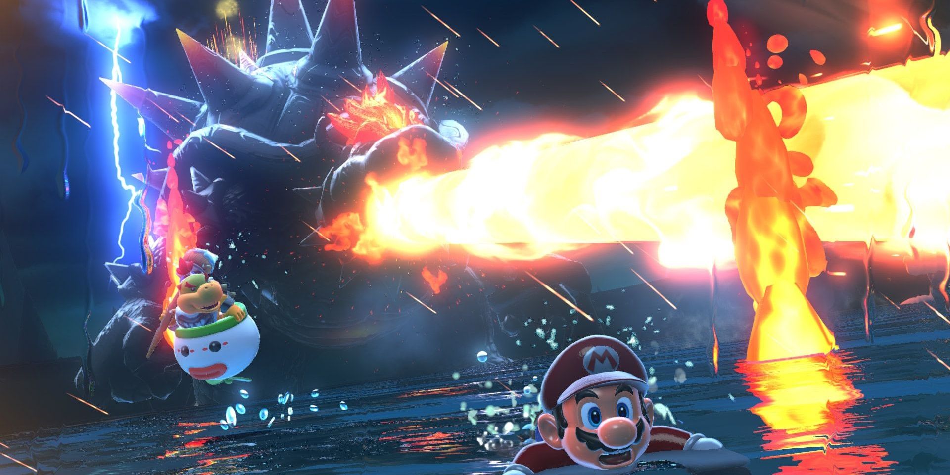 Bowser shooting fire at Mario in Bowser's Fury