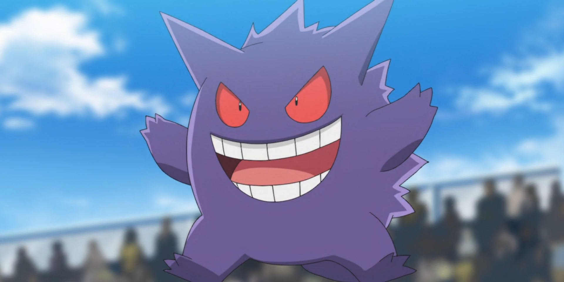 Gengar mid-jump in the Pokémon anime.