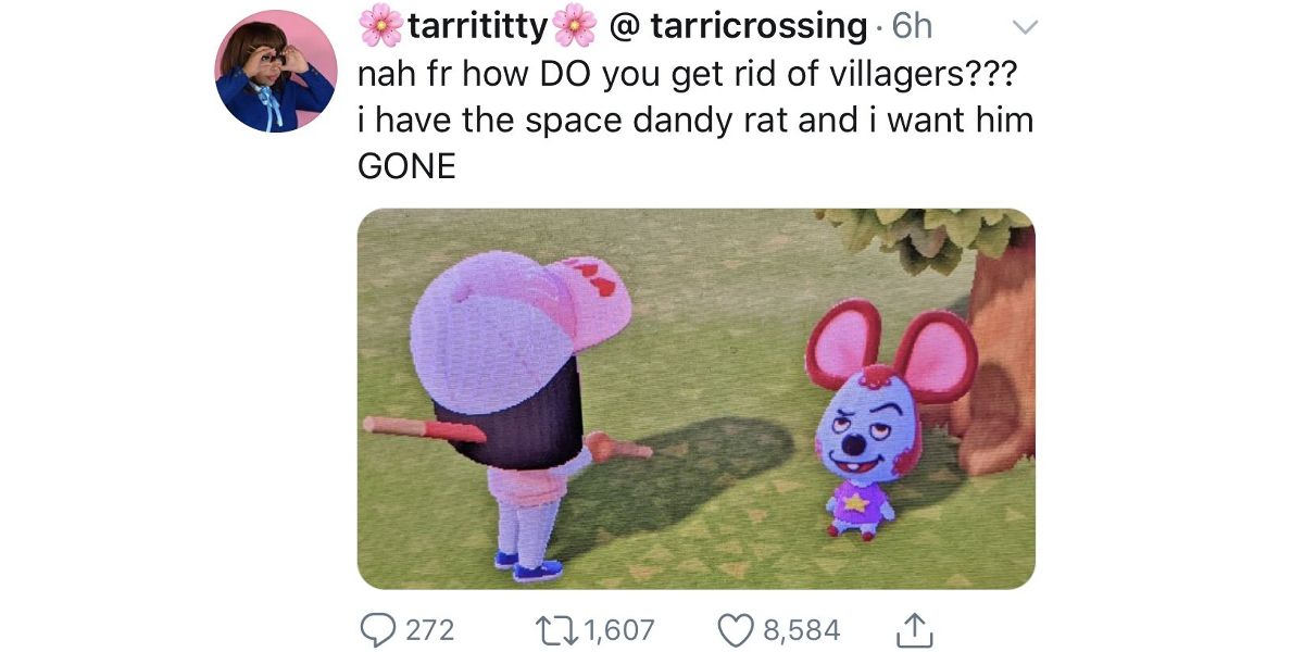 a tweet from user tarricrossing about getting rid of their rat villager
