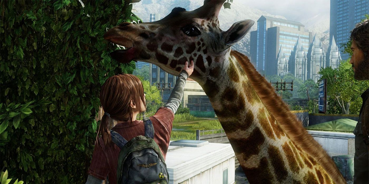 Ellie and a giraffe in The Last of Us 