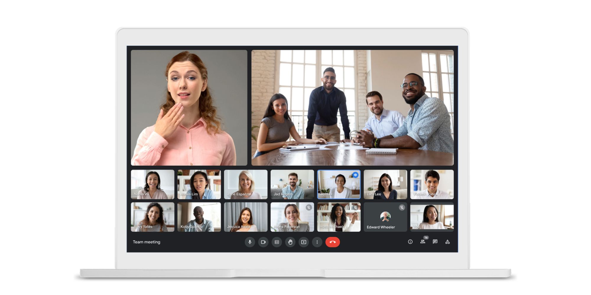 A Google Meet video call on a laptop