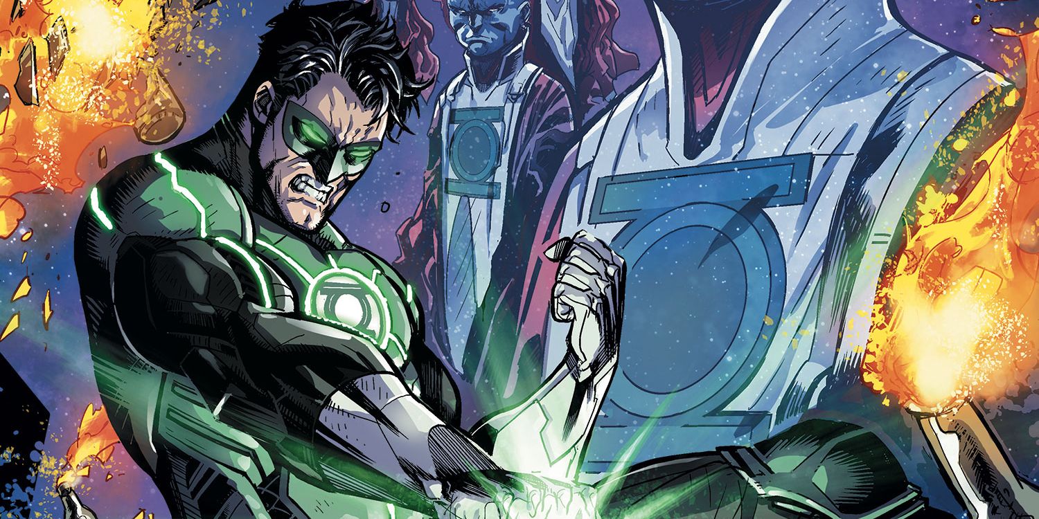 Lanterna Verde usando seu anel (primeiro plano) com os Guardiões de Oa ao fundo