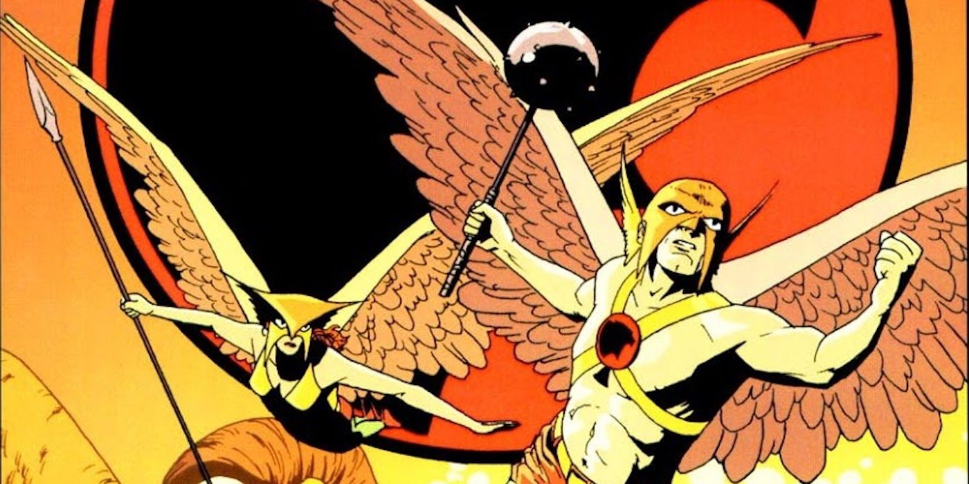 Hawkman and Hawkwoman flying together.