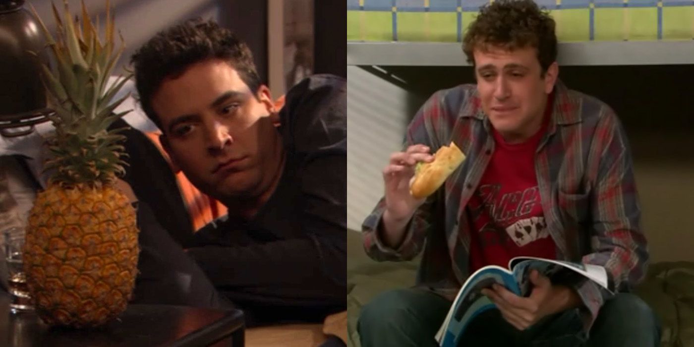 Split image of Ted with the pineapple and Marshall with a sandwich