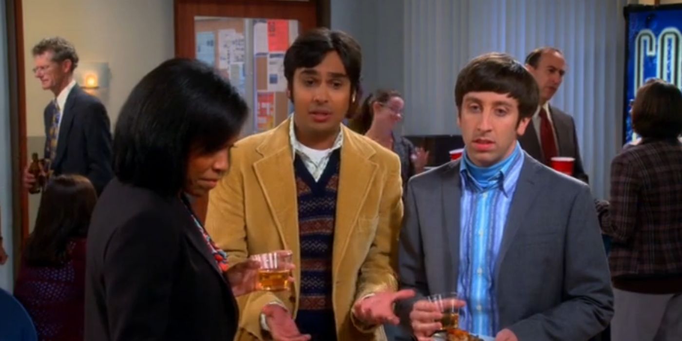 Howard and Raj talk to Janine Davis in the cafeteria in The Big Bang Theory