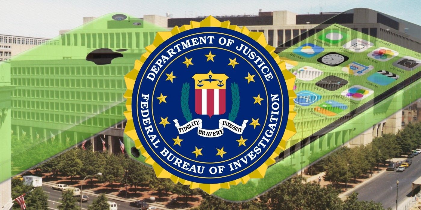iPhone 5C and FBI logo over FBI headquarters