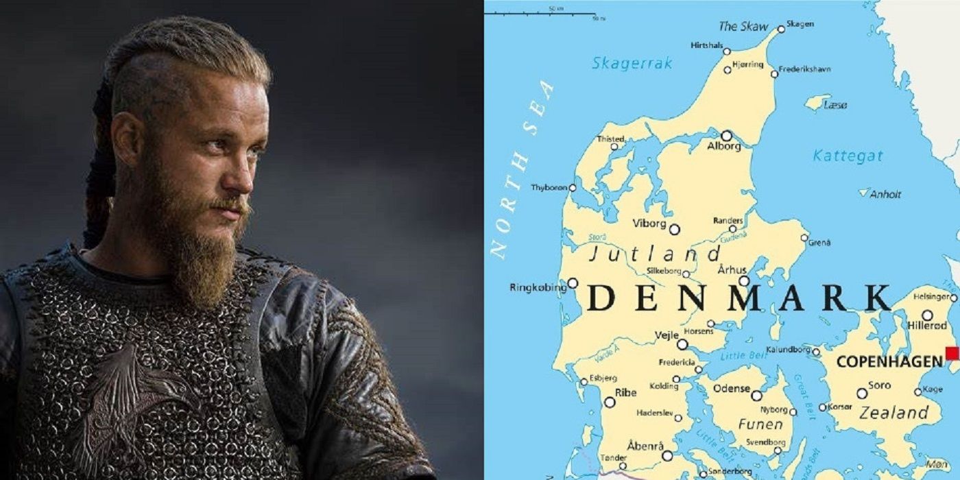 Ragnar em Vikings e mapa da Dinamarca