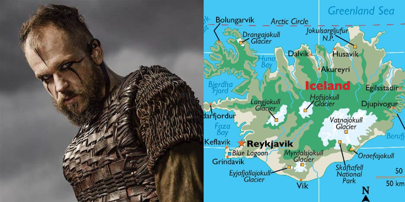 Floki em Vikings e mapa da Islândia