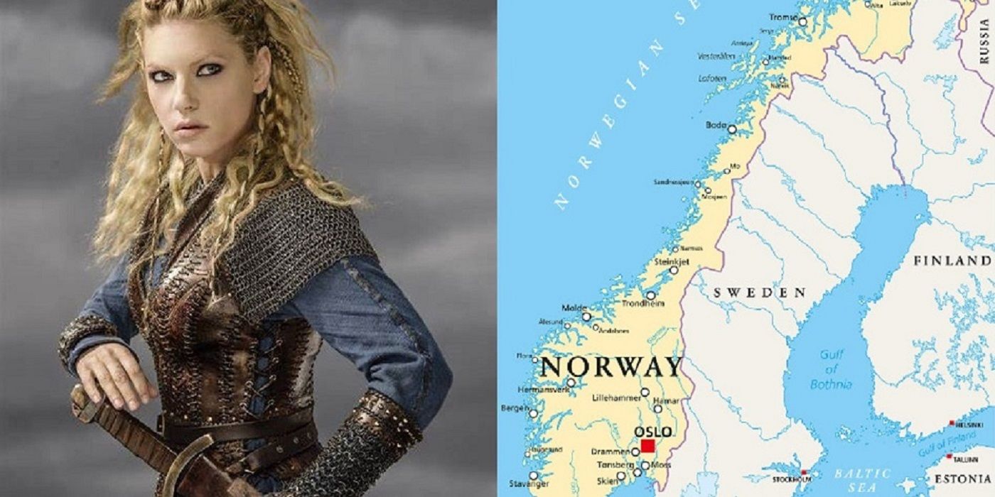 Lagertha em Vikings e mapa da Noruega