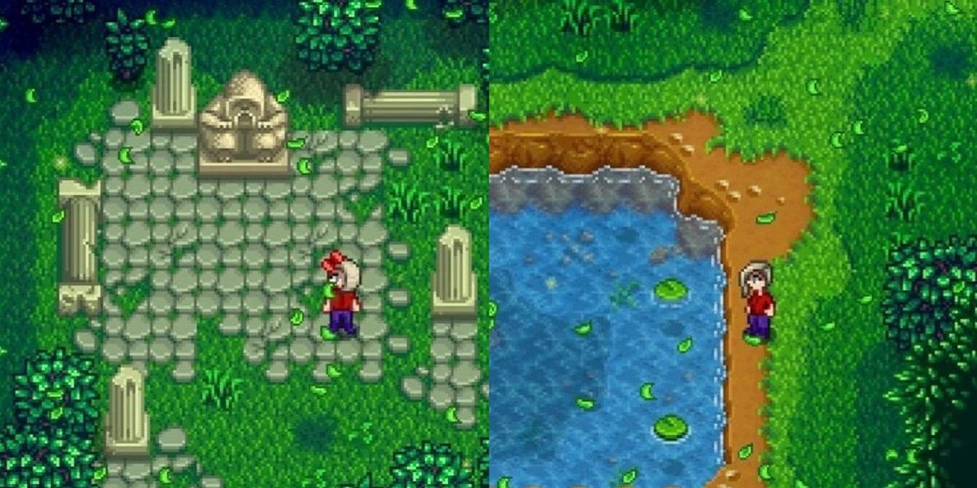 Old Cannoli statue and fishing pond in Stardew Valley Secret Woods
