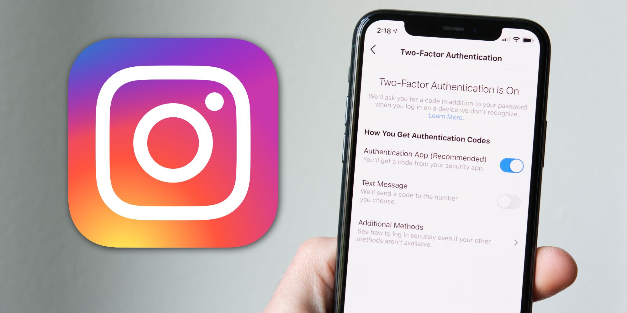 Instagram settings for two-factor authentication