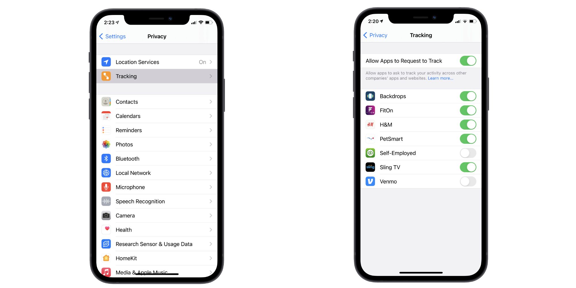 App tracking settings page in iOS 14.5